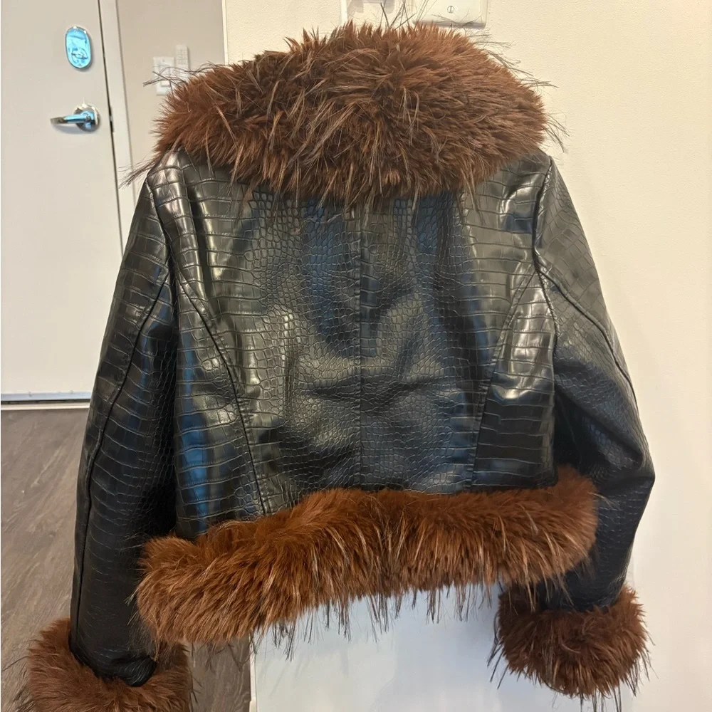 AKIRA Black Leather Jacket with Brown Faux Fur Trim - Picture 3 of 3
